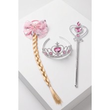 Le Mabelle Pembe Elsa Model Saçlı Lastili Tokalı Taçlı Asa Set