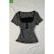 Moonstyle Collection Siyah Gri Çizgili Düğme Detaylı Dantelli Vintage Y2K Kısa Kollu Bluz