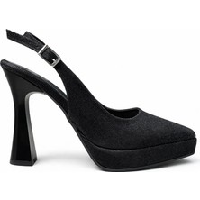 Mey Ayakkabı Siyah Dokulu Kumaş Yüksek Platform Kalın Topuklu Slingback Ayakkabı M2050