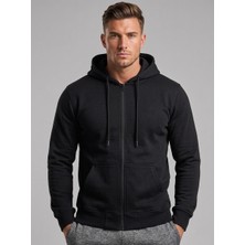 JUST WEAR ZT Fermuarlı Kapüşonlu Ceket 2 Iplik Pamuk Karışımlı Kanguru Cepli Rahat Kalıp