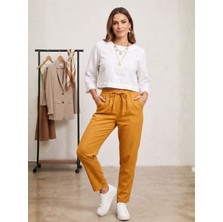 Trendseninle Kadın Hardal Keten Karışımlı Beli Lastikli Yazlık Havuç Pantolon