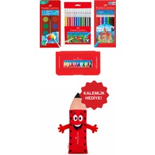 Faber-Castell Faber Castell 12 Renk Sulu Boya Pastel Boya Renkli Boya Kalemi ve Yıkanabilir Keçeli Kalem 4'lü Set,  Ip Askı Çanta Hediye