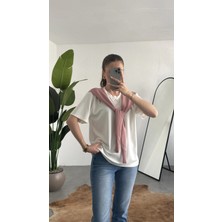 Asfa Moda Kadın Beyaz Şal Detaylı Oversize Basic Kadın Tişört Bluz Pembe Bağlamalı Casual Model