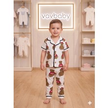 Vavbaby  Pamuklu Kruvaze Yaka Önden Düğmeli Teddy Ayıcık Desenli Mevsimlik Alt Üst Pijama Takım