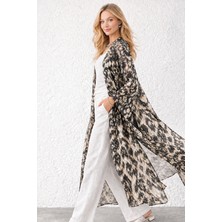 Qymos Prive Uzun Şifon Kimono Bej Siyah Ikat Desenli Pareo