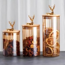 Geyik Temalı Altın Renk Detaylı Cam Saklama Kavanozu, 9X15 cm