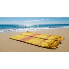 Ludia Ludıa Otantik Püsküllü %100 Pamuklu Büyük Boy Sarı Kırmızı Çizgili Peştemal Havlu 78X195 cm