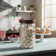 Hava Geçirmez Akasya Kapaklı Çizgili Cam Kavanoz - 750 ml