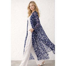 Qymos Prive Mavi Desenli Uzun Şifon Kimono Kadın Yazlık Ince Salaş Kimono Ceket