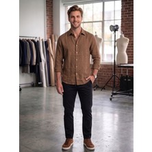 Habura Erkek Keten Görünümlü Pamuklu Slim Fit Uzun Kollu Gömlek