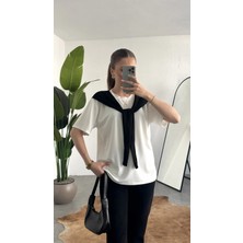 Asfa Moda Kadın Beyaz Şal Detaylı Oversize Basic Kadın Tişört Bluz Siyah Bağlamalı Casual Model