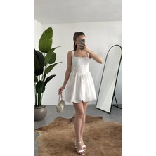Asfa Moda Kadın Beyaz Kare Yaka Korse Formlu Balon Etek Mini Elbise Şık Davet Mezuniyet Elbisesi