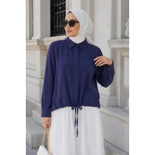 İmaj Butik Lacivert Omuz Büzgülü Modal Dokuma Gömlek