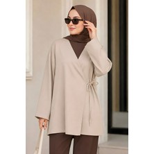 İmaj Butik Bej Kruvaze Yaka Yandan Bağlamalı Yazlık Kimono Tunik