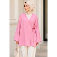 İmaj Butik Pembe Kruvaze Yaka Yandan Bağlamalı Yazlık Kimono Tunik