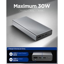 Ala Store 20000 Mah Alüminyum Kasa 30W Usb-C + Usb-A Giriş/çıkış Hızlı Şarj 3 Portlu Powerbank / 1 Metre Type-C Harici Kablolu Taşınabilir Şarj Cihazı + Taşıma Çantası EA3020 Gray - ABA09434
