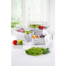Beyaz 3'lü (2.5 Lt, 5 Lt, 9 Lt) Süzgeçli Bölmeli Organizer Buzdolabı Hava Geçirmez Saklama Kabı