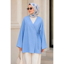 İmaj Butik Mavi Kruvaze Yaka Yandan Bağlamalı Yazlık Kimono Tunik