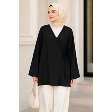 İmaj Butik Siyah Kruvaze Yaka Yandan Bağlamalı Yazlık Kimono Tunik