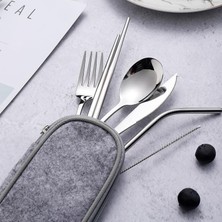 Ala Store 8 Parça Çantalı Yolculuk Çatal Bıçak Kaşık Pipet Chopstick Seti Kamp Okul Ofis Tatil Paslanmaz Çelik Metal