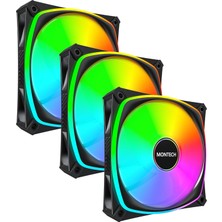 Ala Store Montech RX120 Pro Argb Pwm 120MM Fan 3'lü Paket, Üst Düzey, Ters Bıçak, 360° Argb Aydınlatma, Tüfek Yataklı, Sessiz Düşük Gürültülü, 600–1600 Rpm, Fan Göbeği Dahil, Reverse Fan, Siyah Renk