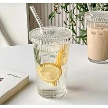Ala Store 1 Adet 600 ml Mika Kapaklı Cam Pipetli Bardak Origami Stil Soğuk Kahve Meşrubat Bardağı Saydam