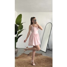 Asfa Moda Kadın Pembe Kare Yaka Korse Formlu Balon Etek Mini Elbise Şık Davet Mezuniyet Elbisesi