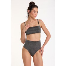 Argento Kadın Siyah Simli Çıkarılabilir Kaplı Yüksek Bel Straplez Bikini Takımı