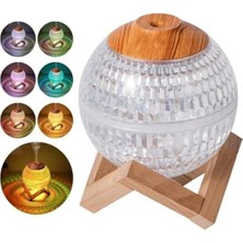 Ala Store Şeffaf Kristal Desenli Ahşap Standlı LED Işıklı Ultrasonik Aromaterapi Difüzör – Sessiz Hava Nemlendirici (11.6X11.6 Cm, 200 Ml)