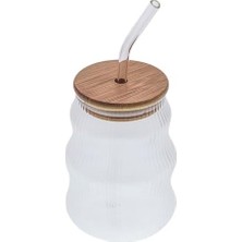 Ala Store 500ML Bambu Kapaklı Cam Bardak, Cam Pipetli Silikon Kapak Contalı Ince Çizgi Desenli Soğuk Içecekler Için Kahve Meyve Suları ve Çayları Için Ergonomik Şık Tasarım