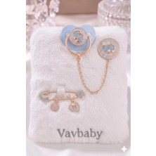 Vavbaby Lüks Taşlı Bebek Emzik ve Maşallah Yazılı Nazar Iğnesi Seti - Mavi