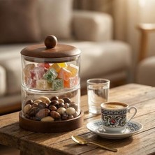 Ala Store Amberhaus 2 Katlı Akasya Kapaklı ve Tabanlı Cam Şekerlik - Kule Tipi Şeffaf Lokumluk ve Drajelik - Kahve Yanı Ikramlık Sunum Kasesi (2X200 Ml)