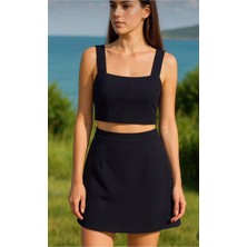 Tomris Butik Kare Yaka Crop Şort Etekli Takım
