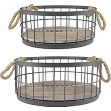 Ala Store 2 Parça Yuvarlak Istiflenebilir Metal Tel ve Ahşap Sepet Seti, Halat Kulplu, Ev Depolama Için Rustik Dekor, Düğünler, Doğum Günleri ve Tatil Partileri Için Dekoratif Servis Sepetleri
