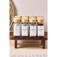 Ala Store Raul Bamboo 120 ml 12’li Bambu Kapaklı Etiketli Cam Kare Formlu Baharatlık Seti