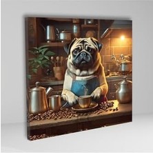 Ala Store Kare Kanvas Kahve Köşesi Cafe Tablosu Barista Pug Köpek, 70 x 70
