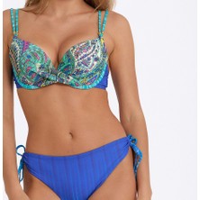 Argento Kadın Mavi Desenli Bağcıklı Slip Altlı, Double Push Up Kaplı Telli Bikini Takımı