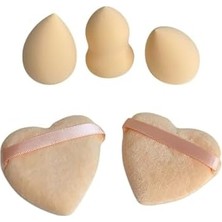 Ala Store Pudra Renk 5 Adet Güzellik Makyaj Süngeri Seti 3 Adet Sünger + 2 Adet Kalpli Pudra Fondöten Bb Krem Uygulama Aparatı Yıkanabilir Sünger -Puff