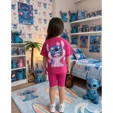 Cg Kids Stitch Kız Çocuk Tshirt Fitilli Tayt Şortlu Alt Üst Takım Sırt Baskı Detaylı