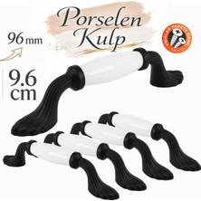 Badem10 (5 Adet) Pokut Beyaz Porselen Siyah Kulp 96 mm 9.6 cm Mobilya Çekmece Dolabı Dolap Kapak Kulb Kulpu