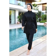 Trendlina Lina Beli Lastikli Su Itici Kumaştan Düz 3lü Takım Tesettür Mayo Beachwear Burkini