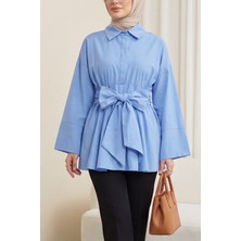 Moda Morfo Beli Korsajlı Gizli Patlı Kuşaklı Poplin Tunik -Mavi