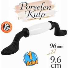 Badem10 Pokut Beyaz Porselen Siyah Kulp 96 mm 9.6 cm Mobilya Çekmece Dolabı Dolap Kapak Kulb Kulpu