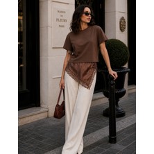 Budan Export Kadın Asimetrik Saten Güpür Dantel Detaylı Kısa Kollu Bisiklet Yaka T-Shirt