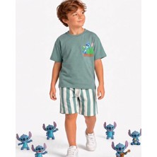 Cg Kids Stitch Baskılı Erkek Çocuk Tshirt Şort Alt Üst Takım Sırt Baskı Detaylı