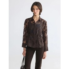 LC Waikiki Lcw Everyday Kahverengi Çiçekli Kuşaklı Kadın Saten Gömlek