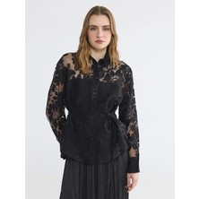 LC Waikiki Lcw Everyday Siyah Çiçek Kuşaklı Kadın Gömlek