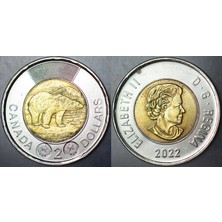Banknoting Kanada 2 Dolar 2022 Kraliçe Elizabeth-Kutup Ayısı. Bimetal 28 Mm. Çilaltı.