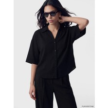 LC Waikiki Lcw Vision Siyah Oversize Poplin Kadın Gömlek