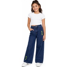 İrem Çocuk Giyim Kız Çocuk Beli Lastikli Geniş Paça Model Kalp Nakışlı Lacivert Renk Kot Pantolon